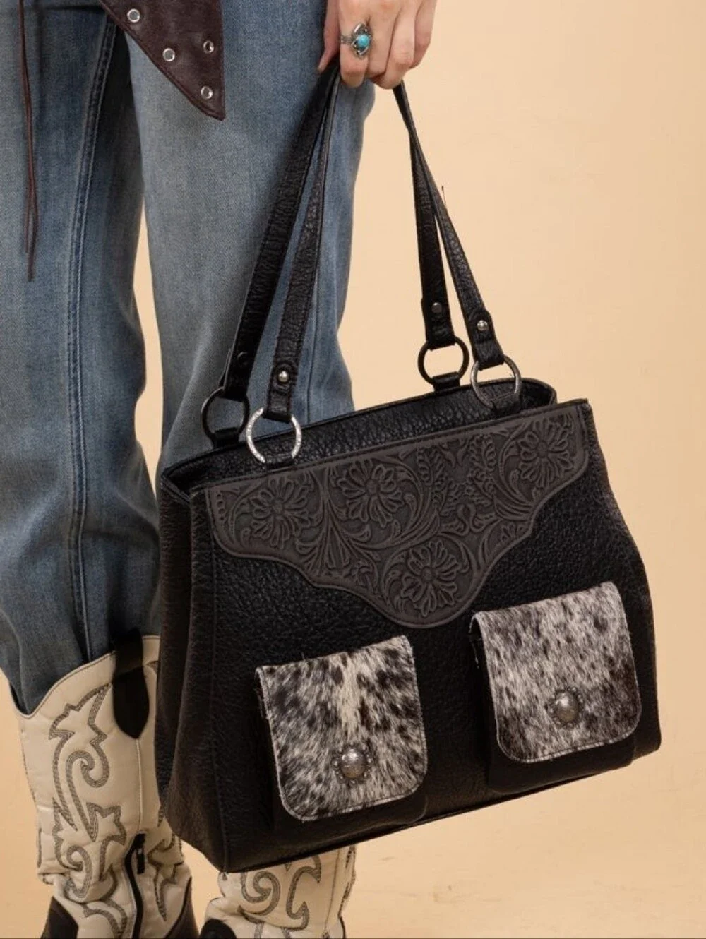 Trinity Ranch Genuine Hair-On Cowhide Tooled Collection Concealed Carry Tote NEW